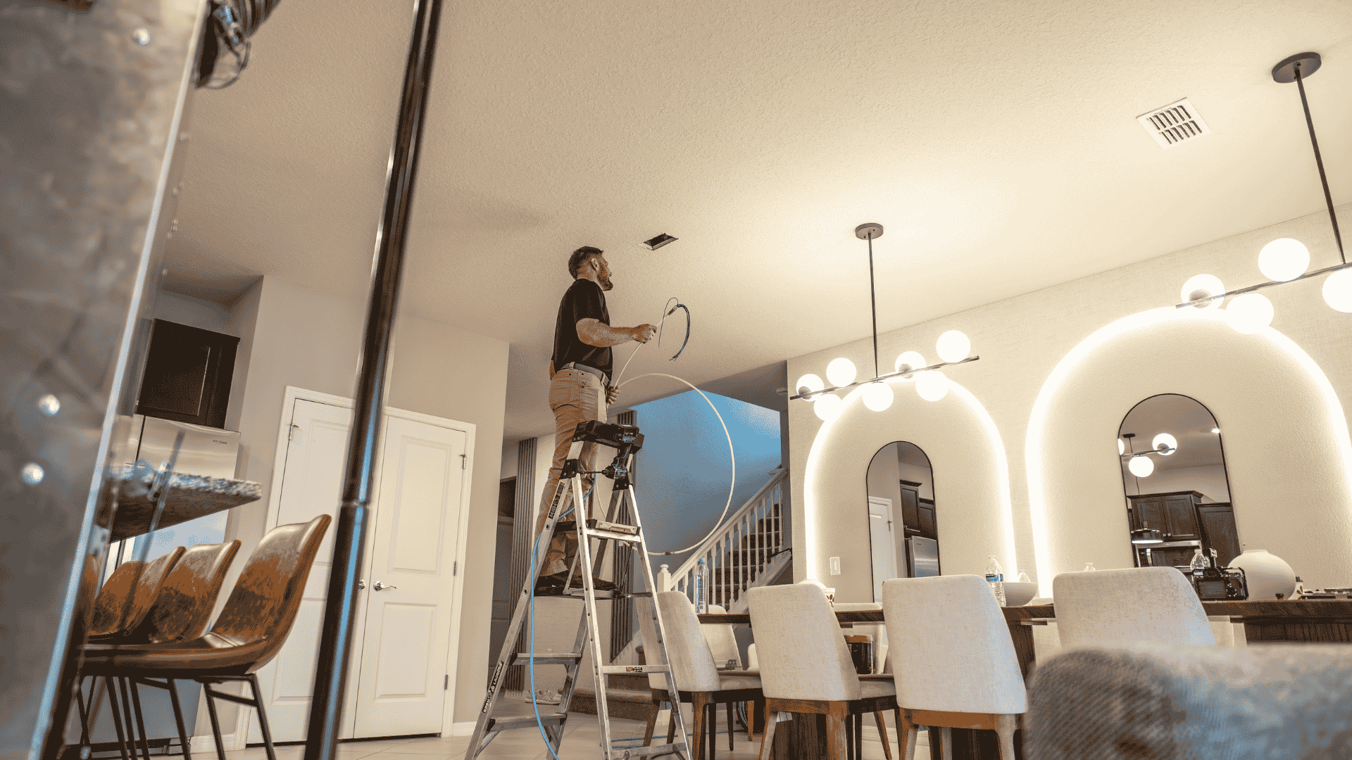 Air Titans installer stands on a ladder in a modern living room, feeding white control wiring through a ceiling opening to install thermostat or air‐quality equipment.