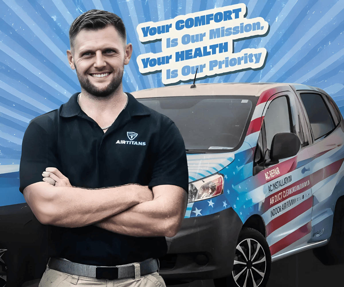 A smiling Air Titans technician in a black polo stands in front of a branded service van bearing the slogan “Your comfort is our mission, your health is our priority” against a dynamic blue starburst background.
