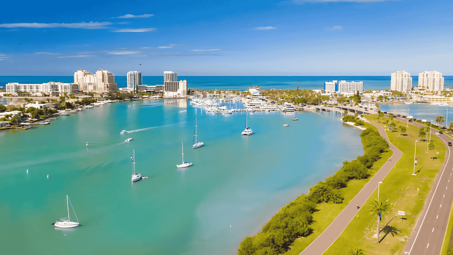 Turquoise waters and sailboats at Clearwater Marina, showcasing an Air Titans service area
