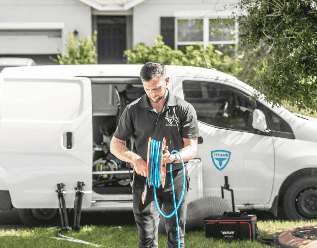 Air Titans technician unwinding cleaning cable from service van for air duct cleaning in Tampa
