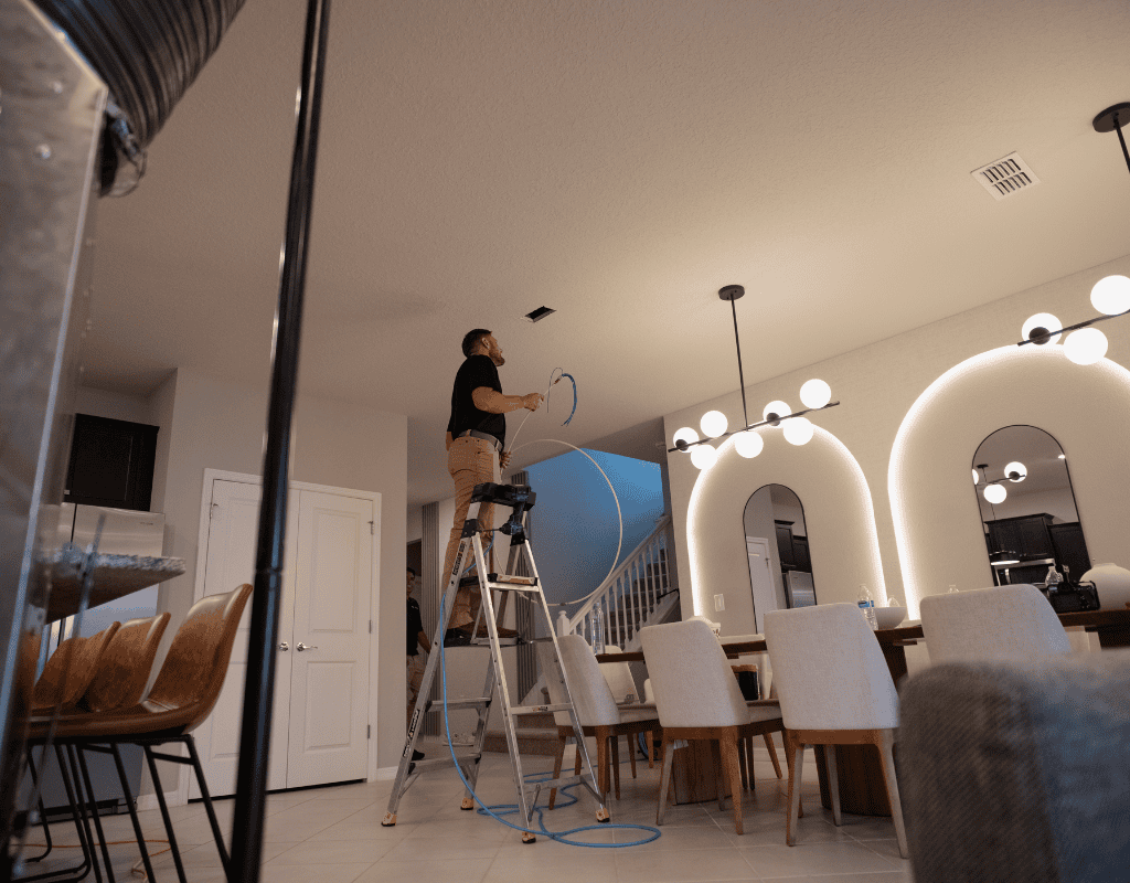 Air Titans technician applying encapsulation coating inside air ducts in a Tampa residence