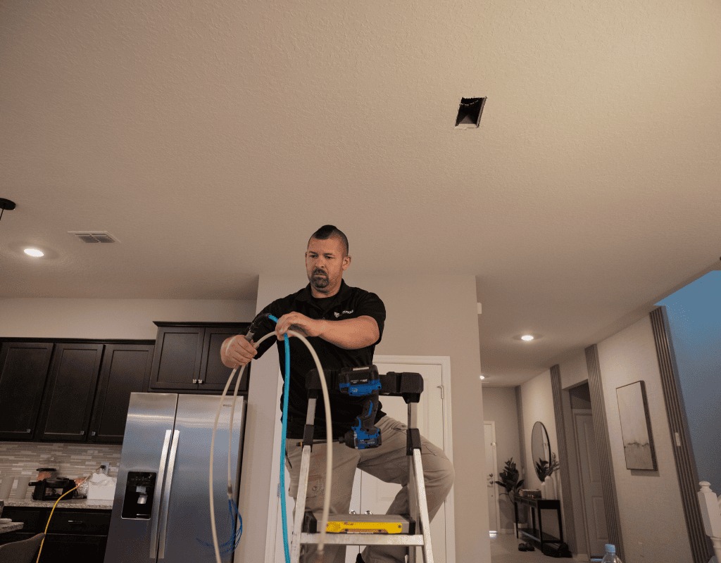 Air Titans specialist installing indoor air quality equipment in a Tampa home