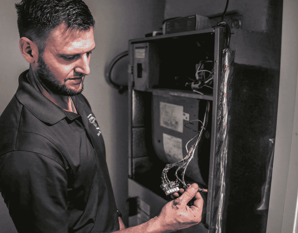 Air Titans professional inspects the interior of an HVAC cabinet, examining wiring and ductwork before applying thermal insulation.