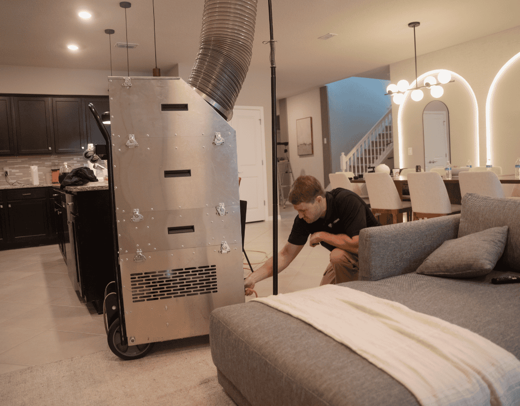 Air Titan technician setting up indoor air quality and thermostat equipment in a Tampa living room